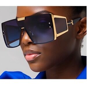 Sunglasses Women Men Blue Graient Lens Oversized Rectangular Metal Lentes Gafas